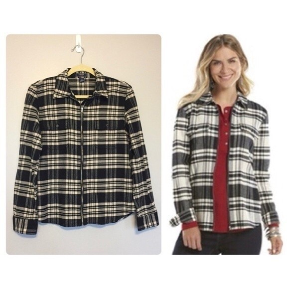 Chaps Flannel Shacket Black Cream Plaid Zipper Front Cotton Long Sleeve Top - Picture 2 of 7
